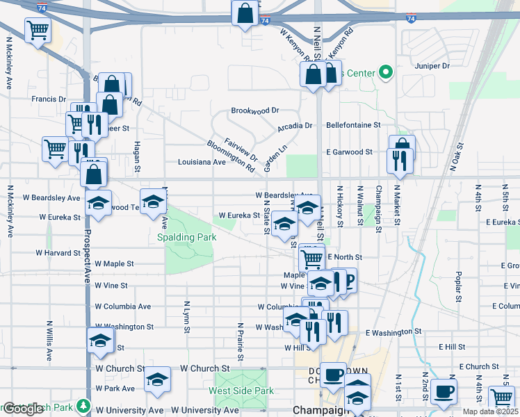 map of restaurants, bars, coffee shops, grocery stores, and more near 310 West Beardsley Avenue in Champaign