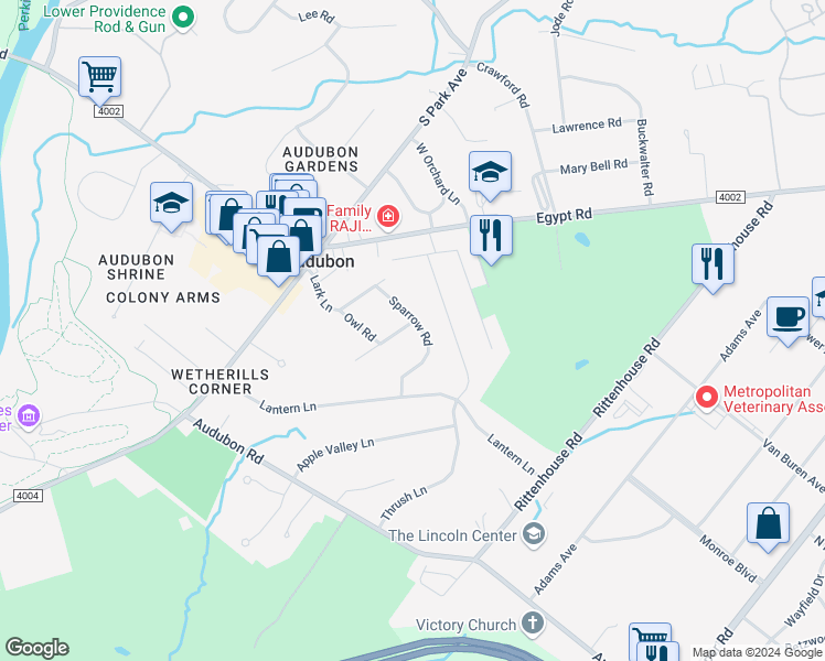 map of restaurants, bars, coffee shops, grocery stores, and more near 2 Pheasant Road in Norristown