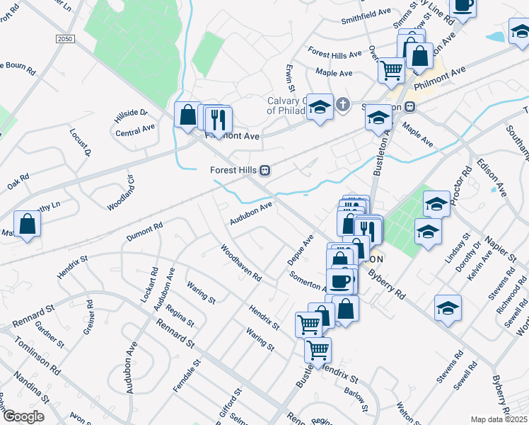 map of restaurants, bars, coffee shops, grocery stores, and more near 12031 Audubon Avenue in Philadelphia