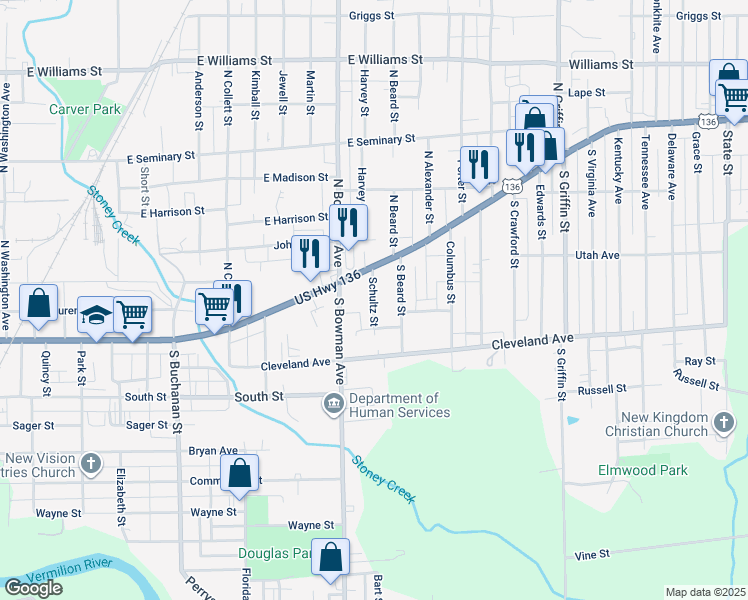 map of restaurants, bars, coffee shops, grocery stores, and more near 36 Schultz Street in Danville