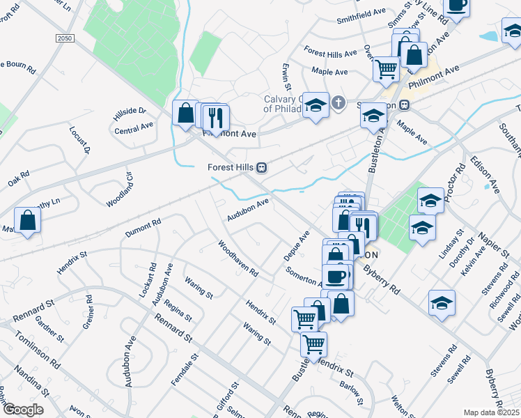map of restaurants, bars, coffee shops, grocery stores, and more near 12031 Audubon Avenue in Philadelphia