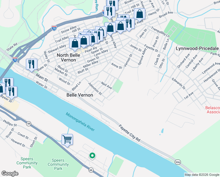 map of restaurants, bars, coffee shops, grocery stores, and more near 36 Mulberry Street in Belle Vernon