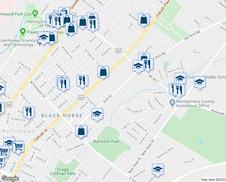 map of restaurants, bars, coffee shops, grocery stores, and more near 1721 Arch Street in Norristown