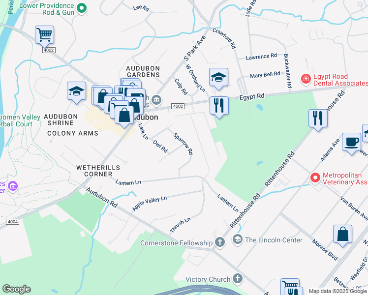 map of restaurants, bars, coffee shops, grocery stores, and more near 2 Pheasant Road in Norristown