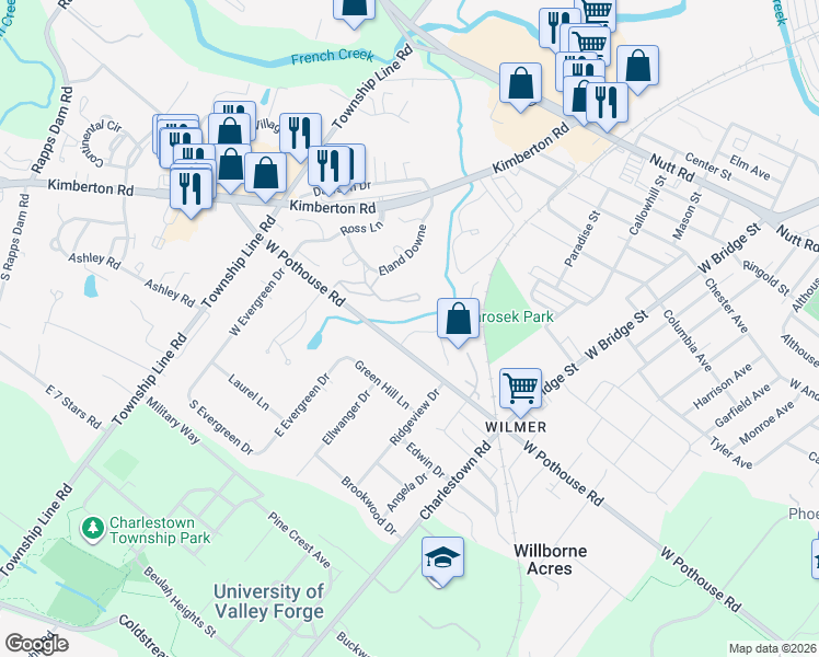 map of restaurants, bars, coffee shops, grocery stores, and more near 3000 Eland Downe in Phoenixville