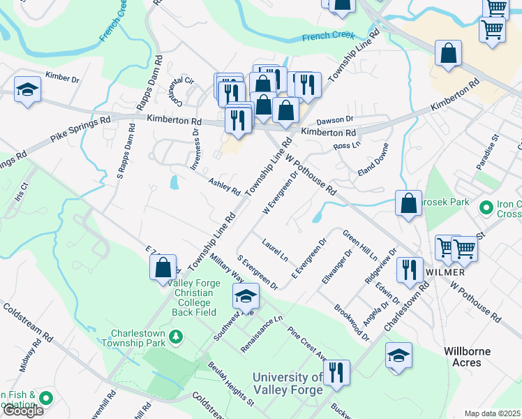 map of restaurants, bars, coffee shops, grocery stores, and more near 1300 West Evergreen Drive in Phoenixville