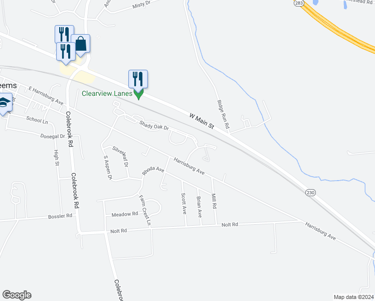 map of restaurants, bars, coffee shops, grocery stores, and more near 1857 Bradfield Drive in Mount Joy