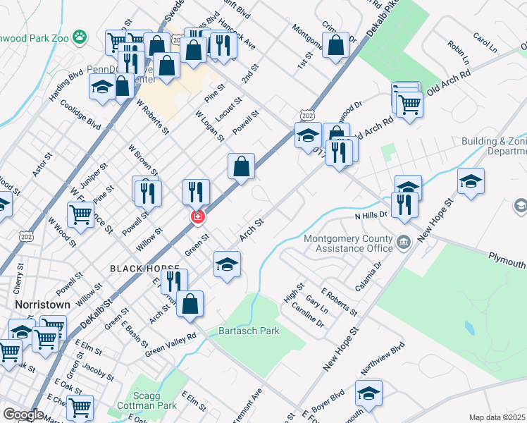 map of restaurants, bars, coffee shops, grocery stores, and more near 1721 Arch Street in Norristown