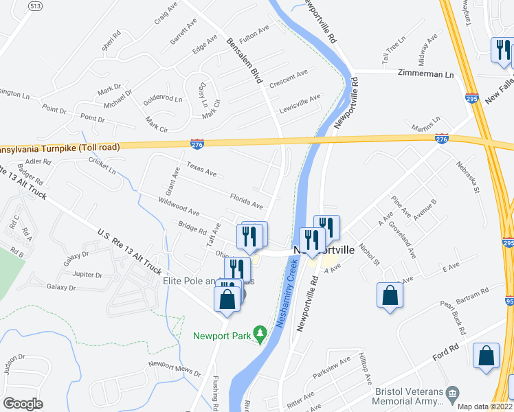 map of restaurants, bars, coffee shops, grocery stores, and more near 1077 Florida Avenue in Bensalem