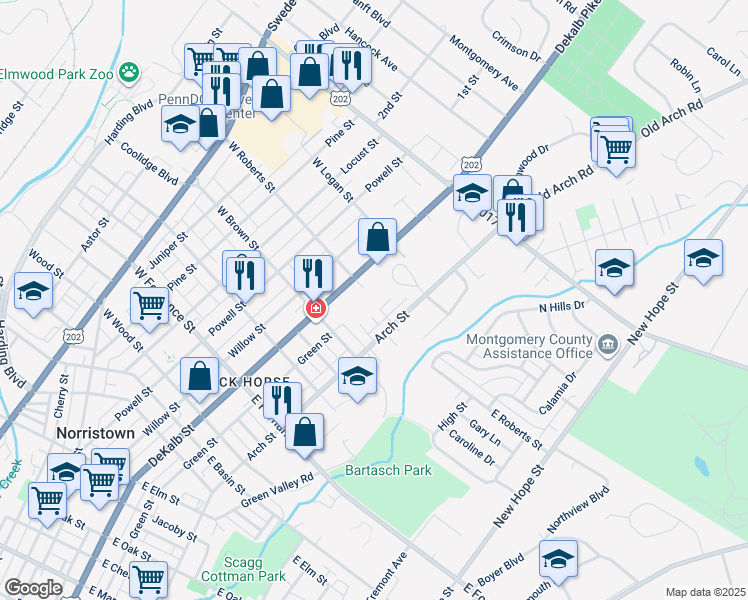 map of restaurants, bars, coffee shops, grocery stores, and more near 238 Roberts Circle in Norristown