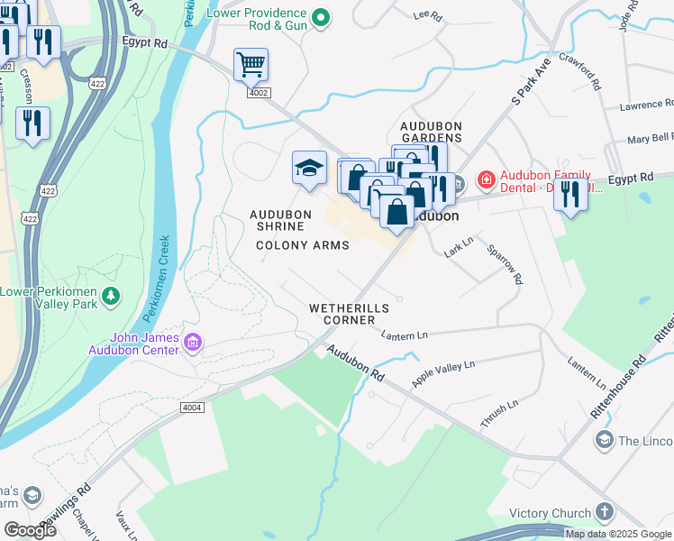 map of restaurants, bars, coffee shops, grocery stores, and more near 2819 Colony Arms Drive in Audubon