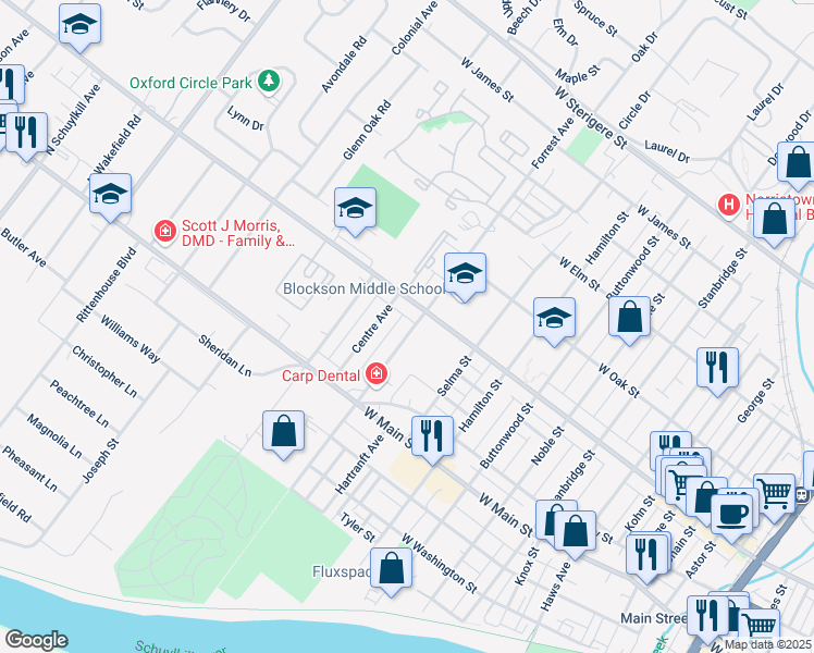 map of restaurants, bars, coffee shops, grocery stores, and more near 459 Forrest Avenue in Norristown