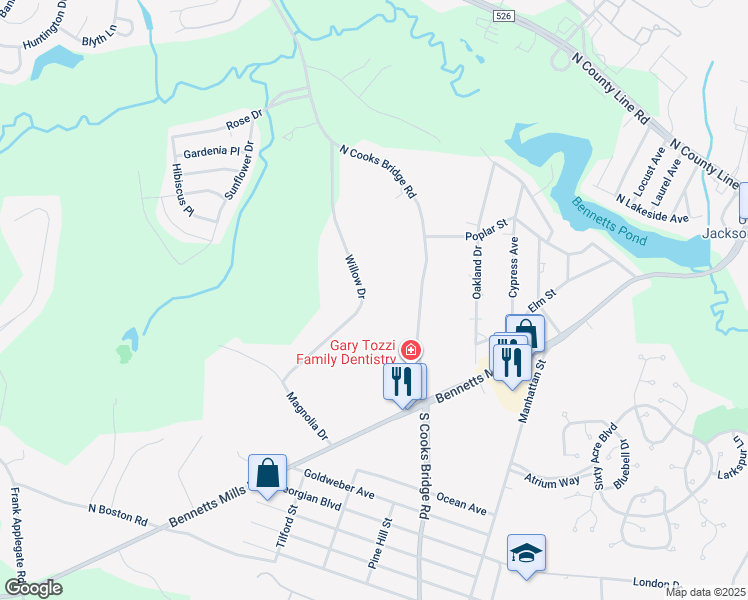 map of restaurants, bars, coffee shops, grocery stores, and more near 113 Willow Drive in Jackson