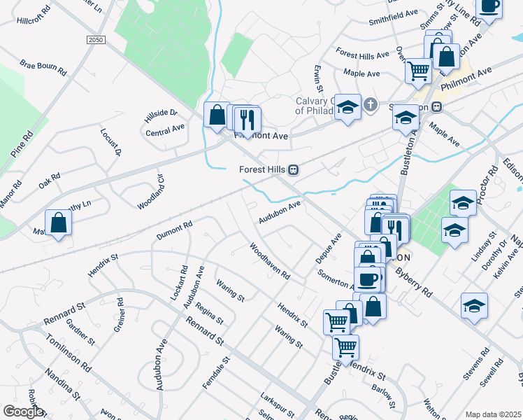 map of restaurants, bars, coffee shops, grocery stores, and more near 12005 Pandrail Place in Philadelphia