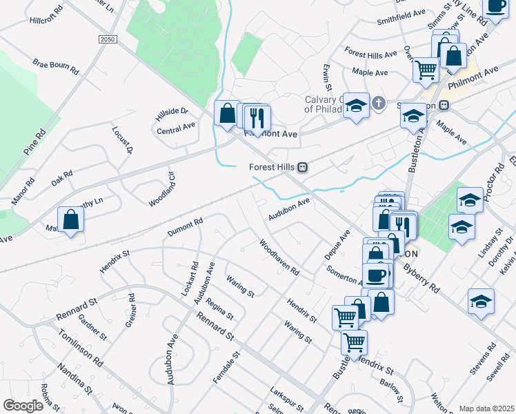map of restaurants, bars, coffee shops, grocery stores, and more near 12000 Pandrail Place in Philadelphia