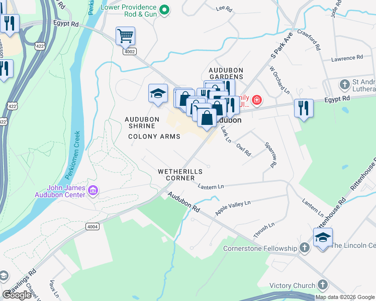 map of restaurants, bars, coffee shops, grocery stores, and more near 1137 Pawlings Road in Eagleville