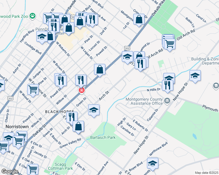 map of restaurants, bars, coffee shops, grocery stores, and more near 1723 Arch Street in Norristown