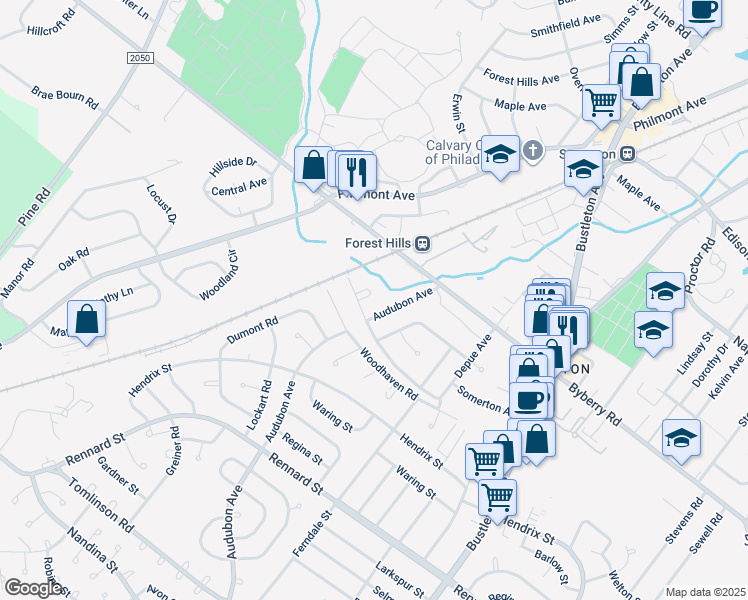 map of restaurants, bars, coffee shops, grocery stores, and more near 12005 Pandrail Place in Philadelphia