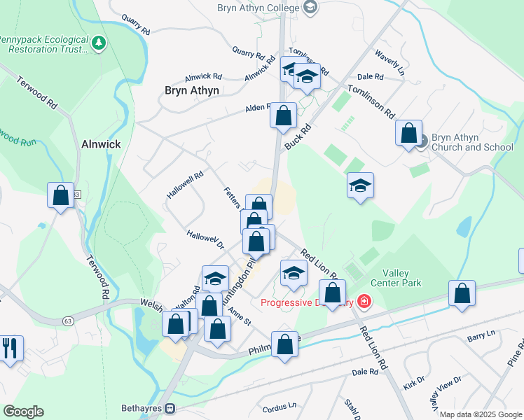 map of restaurants, bars, coffee shops, grocery stores, and more near 2642 Huntingdon Pike in Montgomery County