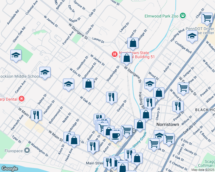 map of restaurants, bars, coffee shops, grocery stores, and more near 829 Stanbridge Street in Norristown