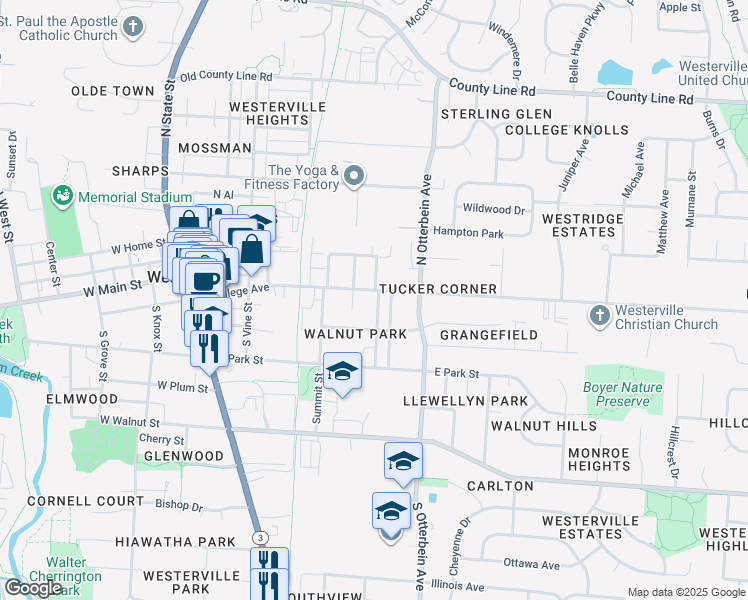 map of restaurants, bars, coffee shops, grocery stores, and more near 198 East College Avenue in Westerville
