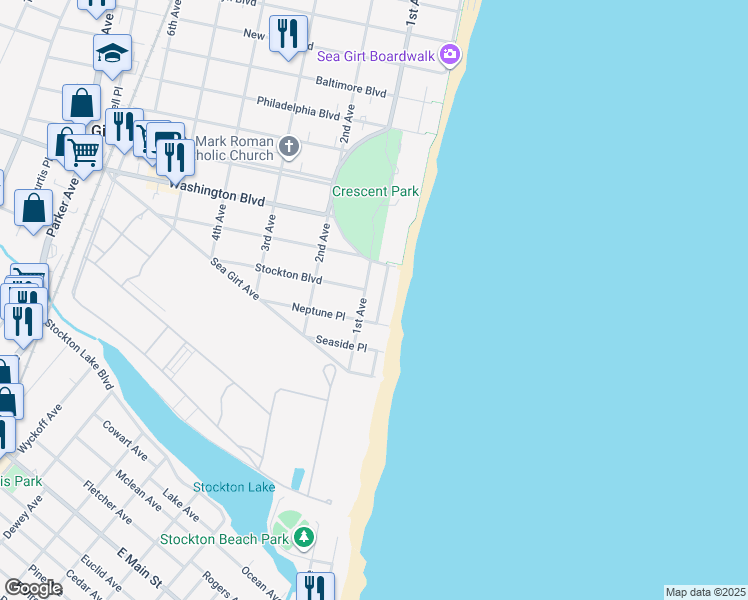 map of restaurants, bars, coffee shops, grocery stores, and more near 806 1st Avenue in Sea Girt