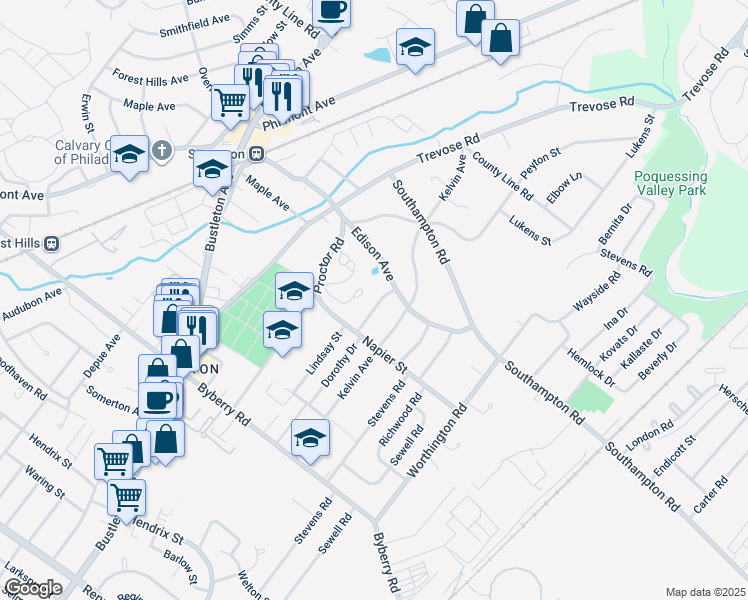 map of restaurants, bars, coffee shops, grocery stores, and more near 13450 Lindsay Street in Philadelphia