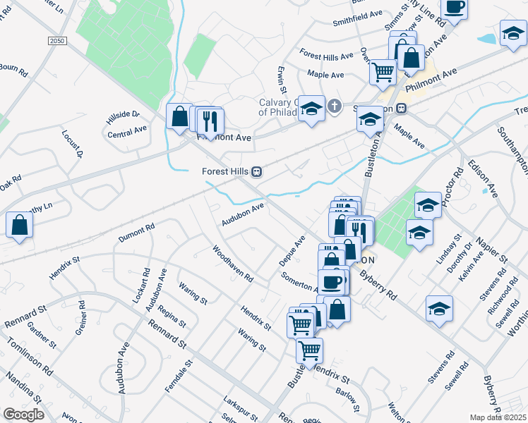 map of restaurants, bars, coffee shops, grocery stores, and more near 450 Byberry Road in Philadelphia