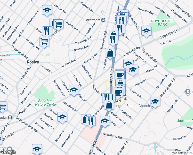 map of restaurants, bars, coffee shops, grocery stores, and more near 1506 Edge Hill Road in Abington