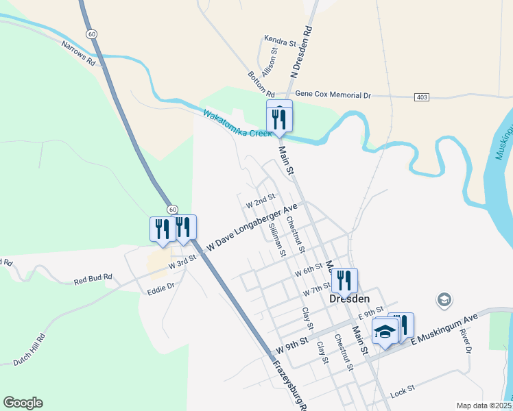 map of restaurants, bars, coffee shops, grocery stores, and more near 22 West 1st Street in Dresden