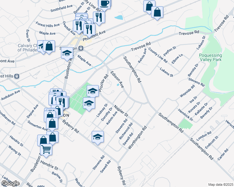 map of restaurants, bars, coffee shops, grocery stores, and more near 13450 Lindsay Street in Philadelphia