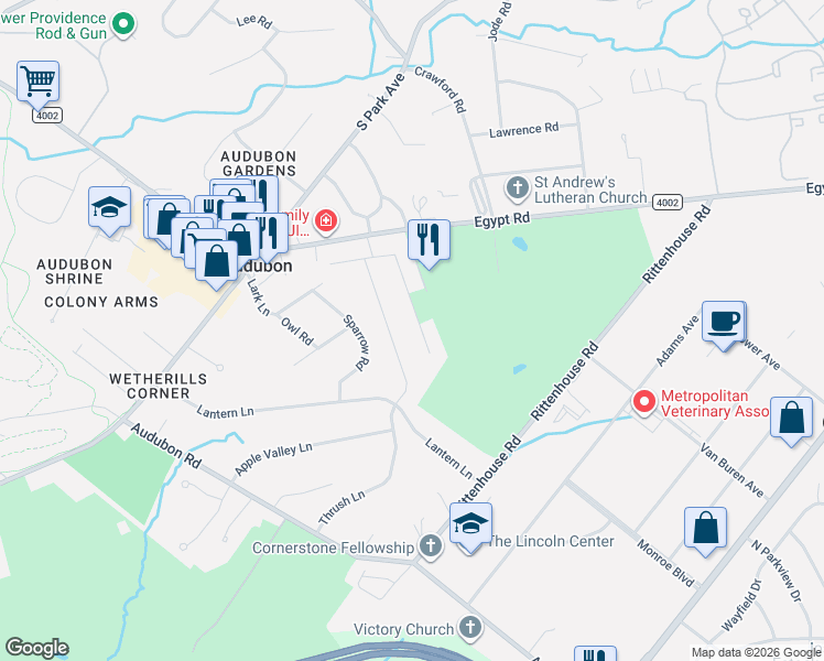 map of restaurants, bars, coffee shops, grocery stores, and more near 1025 Cardinal Road in Eagleville