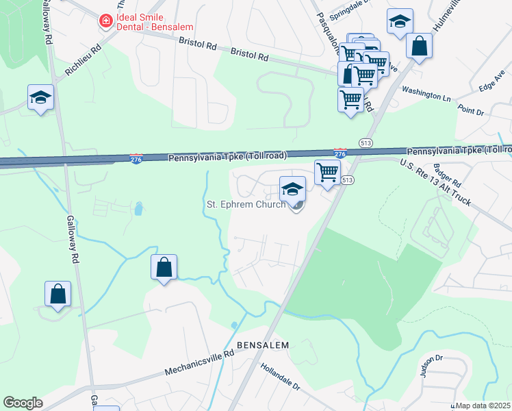 map of restaurants, bars, coffee shops, grocery stores, and more near 195 Harmony Court in Bensalem