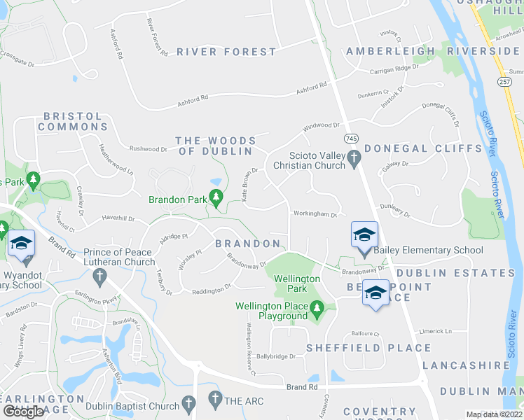map of restaurants, bars, coffee shops, grocery stores, and more near 7760 Kate Brown Drive in Dublin