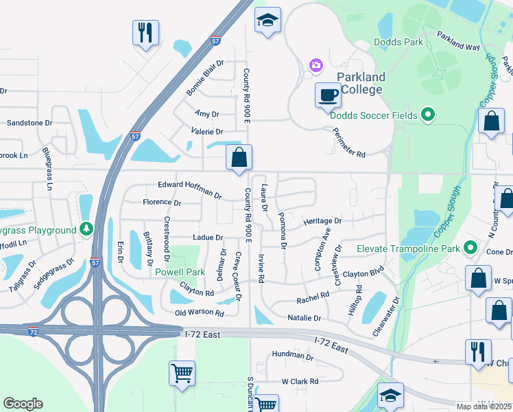 map of restaurants, bars, coffee shops, grocery stores, and more near 1102 Laura Drive in Champaign