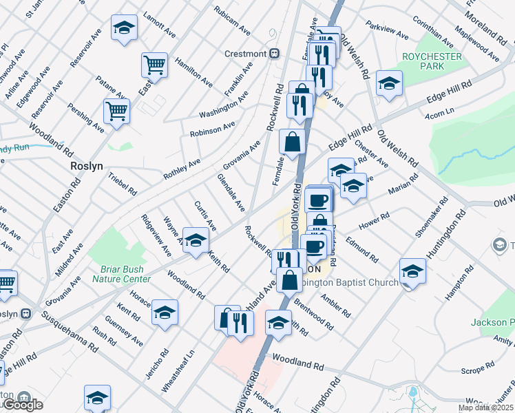 map of restaurants, bars, coffee shops, grocery stores, and more near 1506 Edge Hill Road in Abington