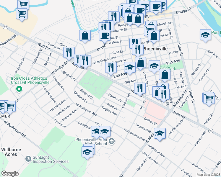 map of restaurants, bars, coffee shops, grocery stores, and more near 205 Morris Street in Phoenixville