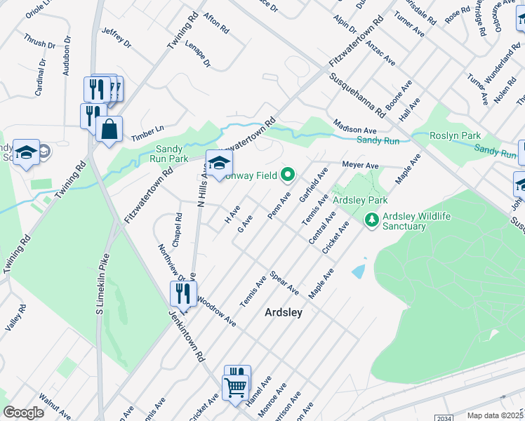 map of restaurants, bars, coffee shops, grocery stores, and more near 3012 Lincoln Avenue in Glenside