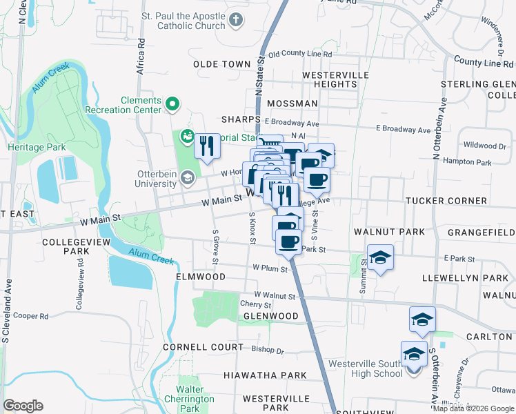 map of restaurants, bars, coffee shops, grocery stores, and more near 5 North Knox Street in Westerville