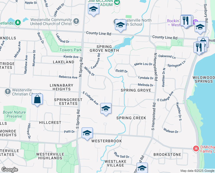 map of restaurants, bars, coffee shops, grocery stores, and more near 85 Nicole Drive in Westerville