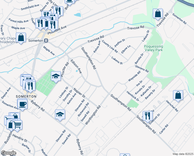 map of restaurants, bars, coffee shops, grocery stores, and more near 1078 Southampton Road in Philadelphia