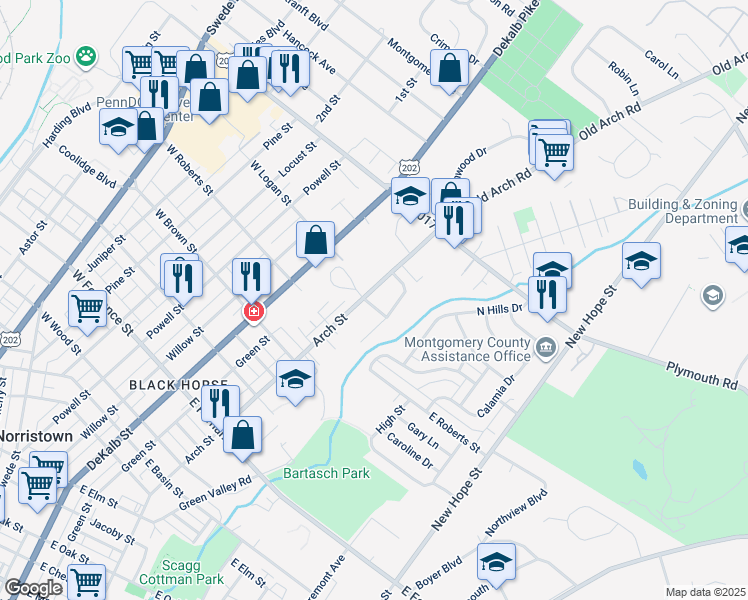 map of restaurants, bars, coffee shops, grocery stores, and more near 303 East Logan Street in Norristown