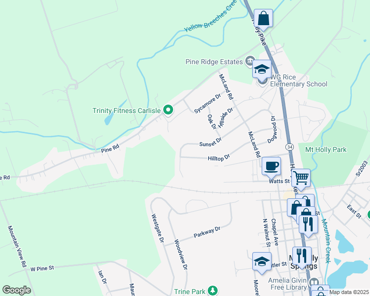 map of restaurants, bars, coffee shops, grocery stores, and more near 132 Sunset Drive in Mount Holly Springs