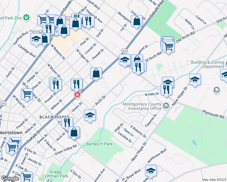 map of restaurants, bars, coffee shops, grocery stores, and more near 303 East Logan Street in Norristown