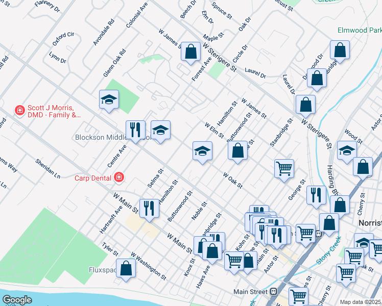 map of restaurants, bars, coffee shops, grocery stores, and more near 1211 West Oak Street in Norristown