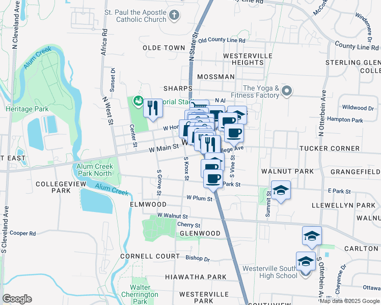 map of restaurants, bars, coffee shops, grocery stores, and more near 5 North Knox Street in Westerville