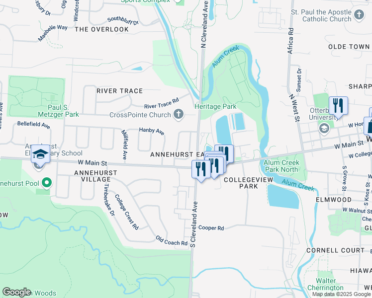 map of restaurants, bars, coffee shops, grocery stores, and more near 86 Keene Drive in Westerville