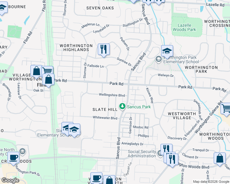map of restaurants, bars, coffee shops, grocery stores, and more near 401 Park Road in Columbus