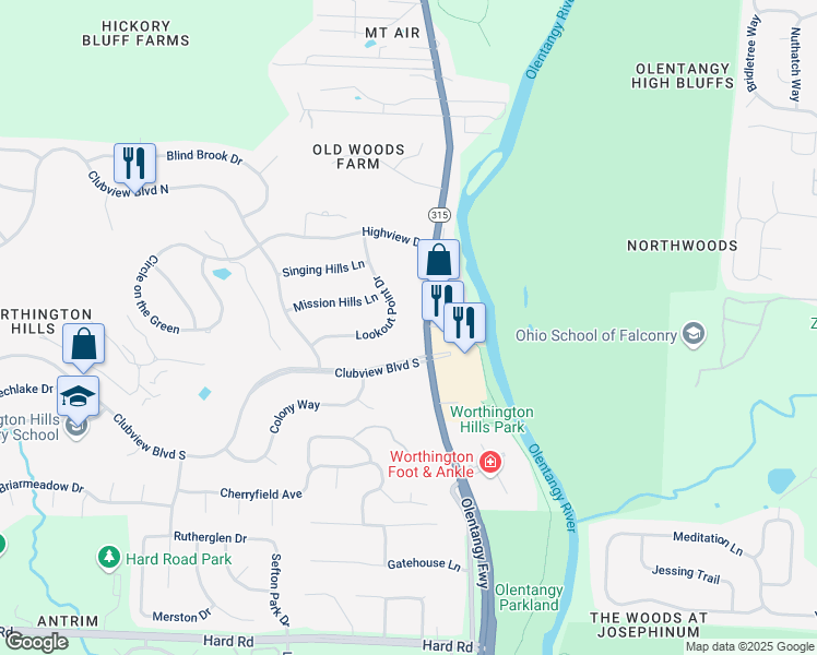 map of restaurants, bars, coffee shops, grocery stores, and more near 7901 Ohio 315 in Columbus