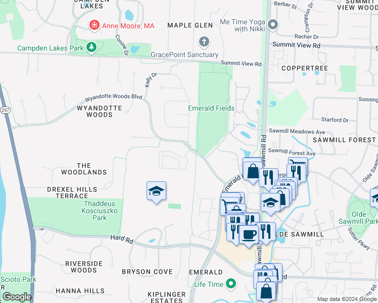 map of restaurants, bars, coffee shops, grocery stores, and more near 4063 Wyandotte Woods Boulevard in Dublin